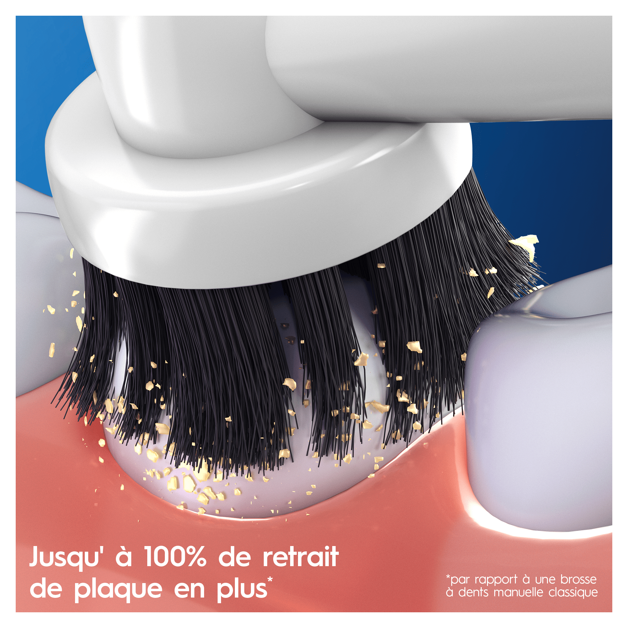 Brosse à dents électrique nettoyant les dents. La brosse est noire et la plaque est jaune.
