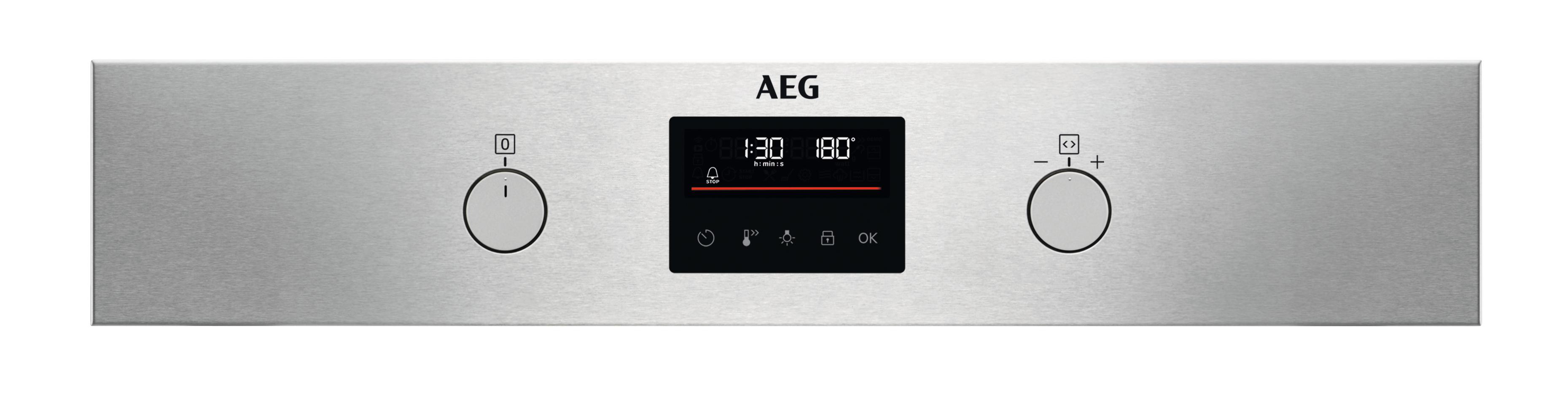 AEG-Backofen-Bedienfeld mit Digitalanzeige, Tasten und Knöpfen.