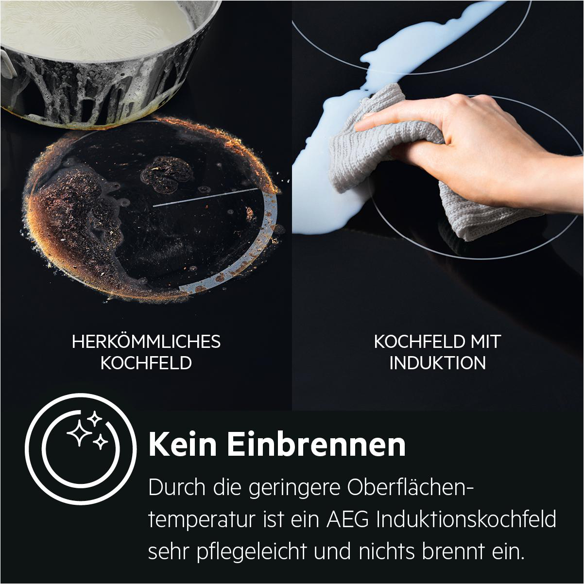Kochfeldvergleich. Eines mit verbranntem Essen, das andere wird mit einem Tuch gereinigt.