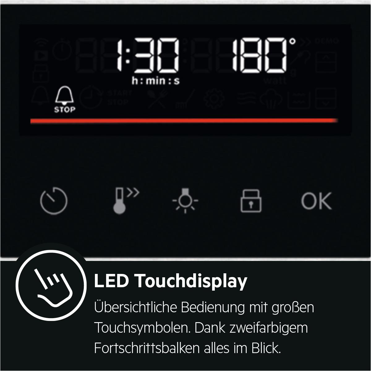 Nahaufnahme des Bedienfelds eines Backofens mit Digitalanzeige für Zeit und Temperatur.