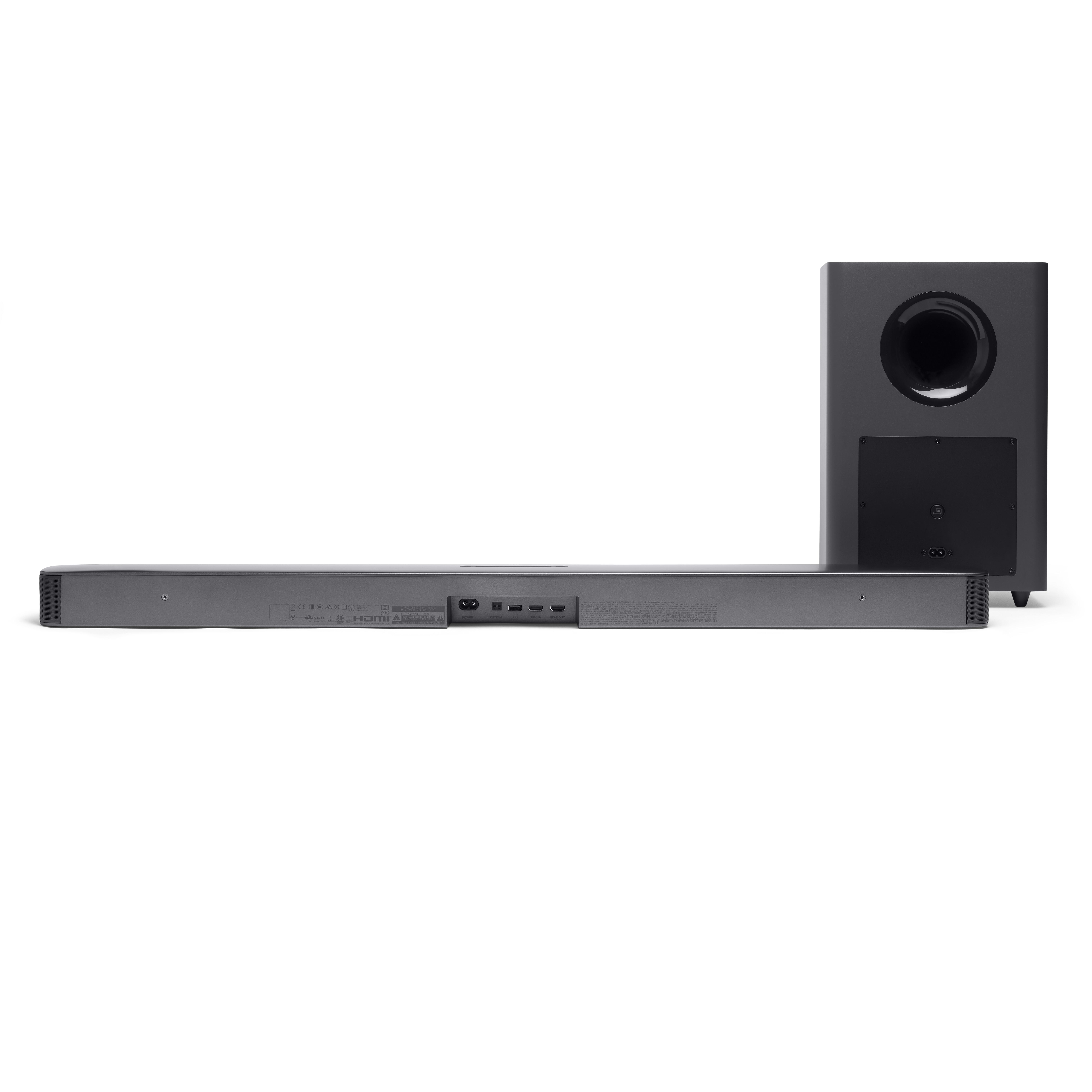 Soundbar und Subwoofer, beide grau, vor weißem Hintergrund, Rückansicht der Soundbar.