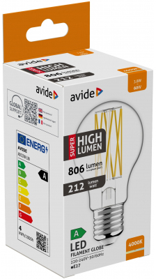 Doboz villanykörtével, szöveggel és energiaosztályozással az oldalán.
