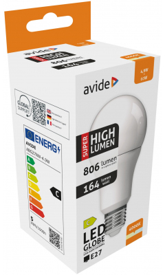 Fehér LED-izzó doboz szöveggel, energiaosztállyal és izzó képével.