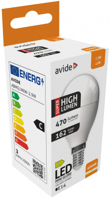 Avide LED mini gömb izzó doboza specifikációkkal.