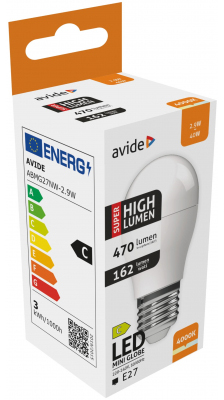 Izzó doboz szöveggel és képekkel. A csomagolás LED-et, 4000K-t és 470 lumen-t jelez.