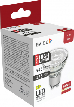 Egy LED spot lámpa doboza. A dobozon szöveg és termékadatok vannak.