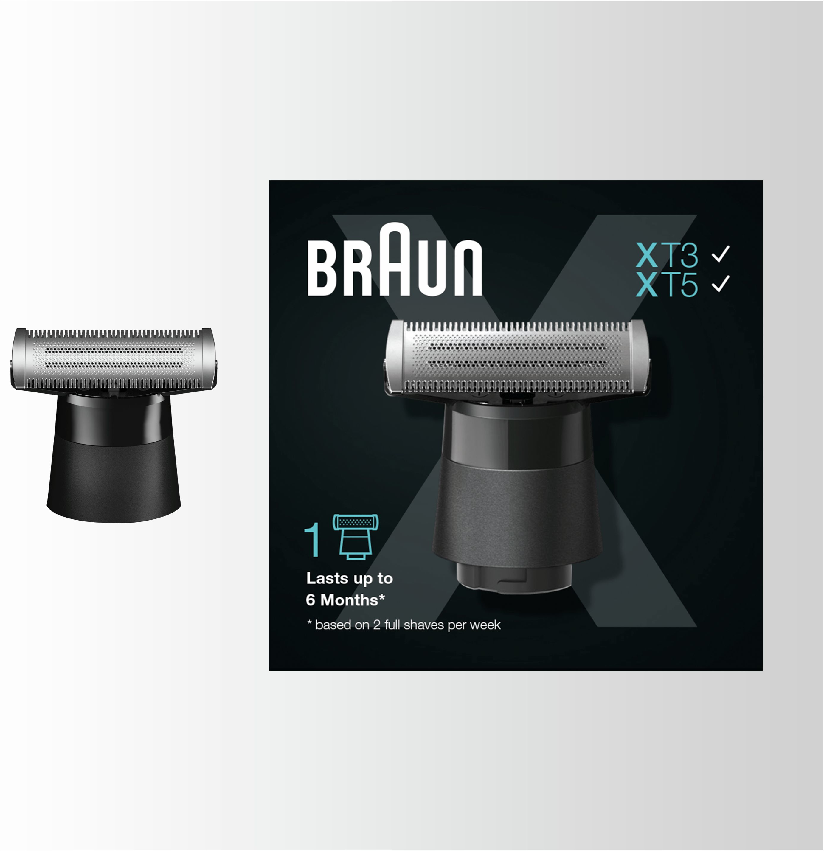 Braun scheerkop en -basis, en een promotieafbeelding. Tekst: 'Gaat tot 6 maanden mee*' en modelcompatibiliteit.