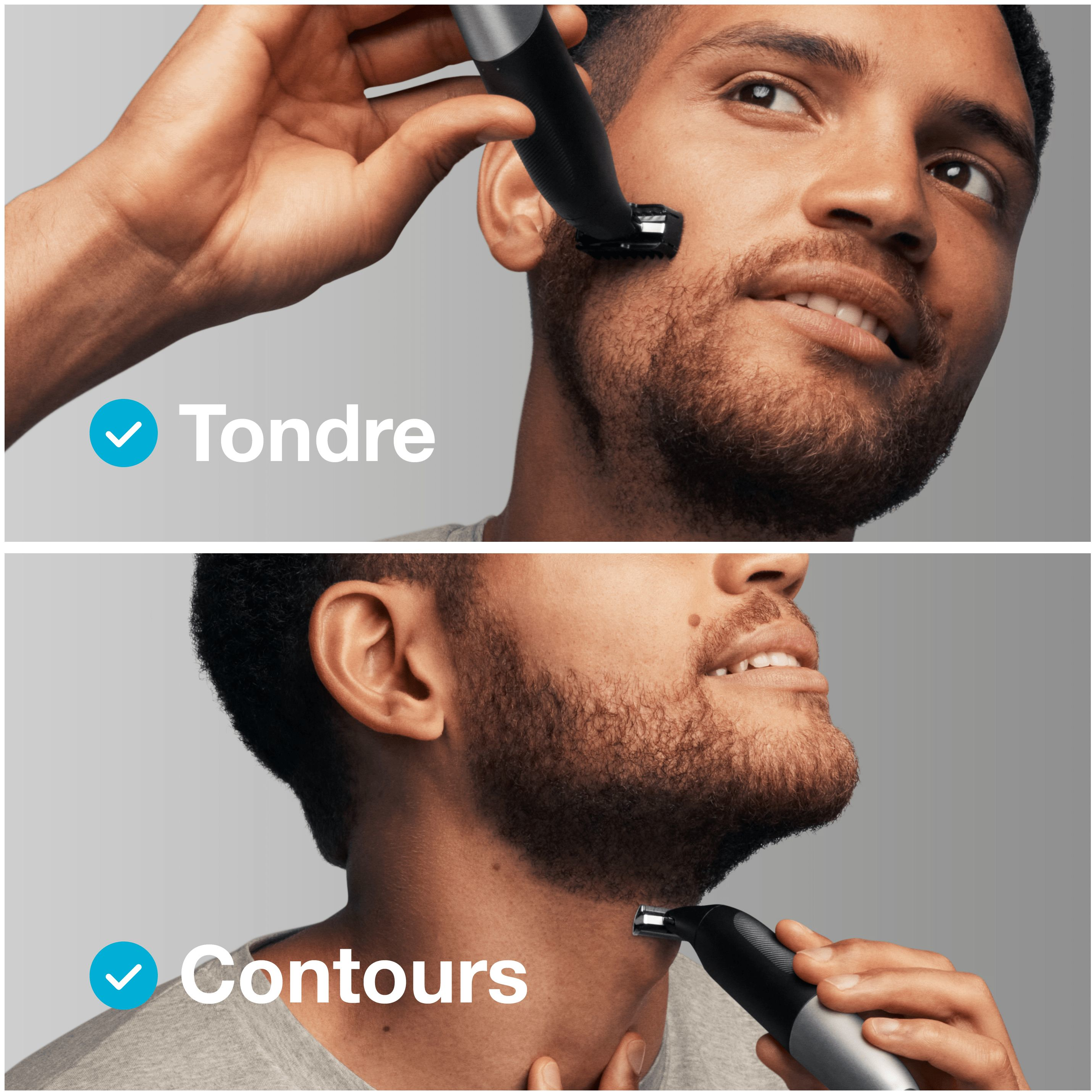 Twee afbeeldingen die het trimmen en contouren van de baard met een Philips-baardtrimmer demonstreren.