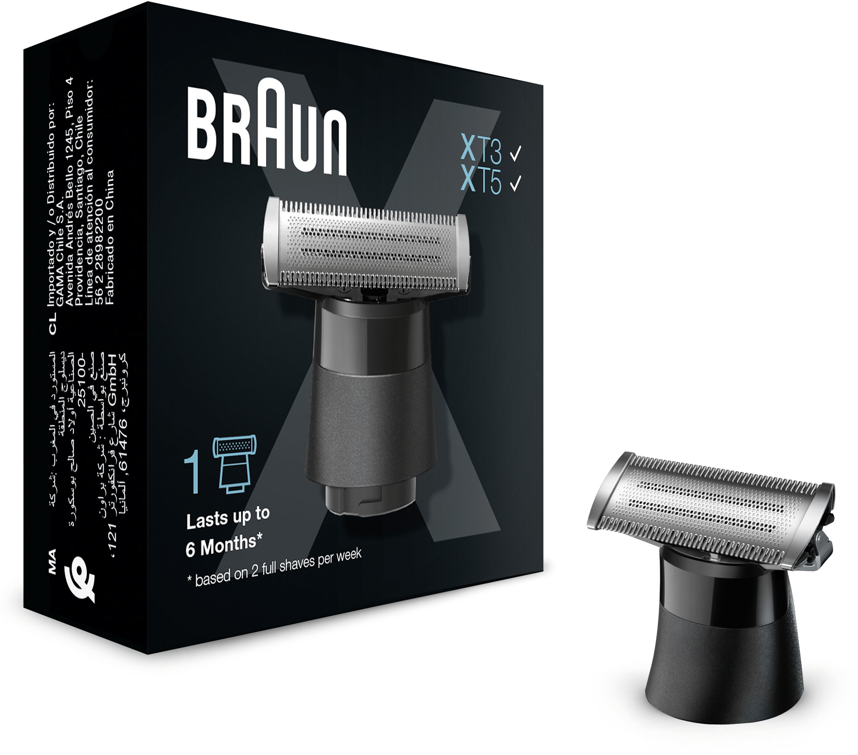 Braun scheerapparaat vervangingskopdoos en vervangingskop. Doos heeft tekst en logo.