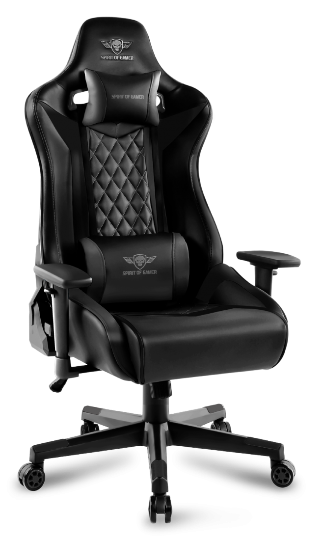Fekete gamer szék. Logós fejtámla, gyémántmintás háttámla és ülés.