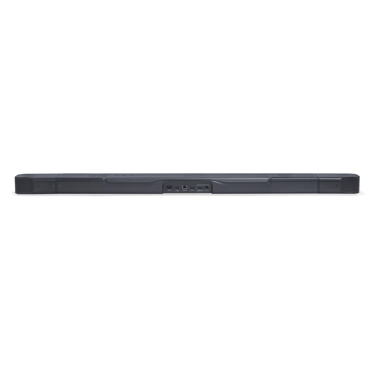 Eine schwarze Soundbar mit Anschlüssen auf der Rückseite, auf weißem Hintergrund.