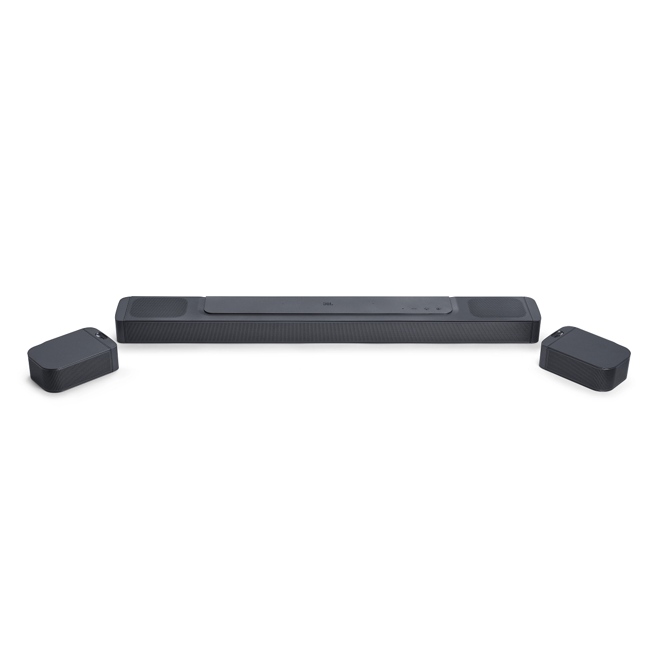 Schwarze JBL-Soundbar mit zwei Lautsprechern auf weißem Hintergrund.