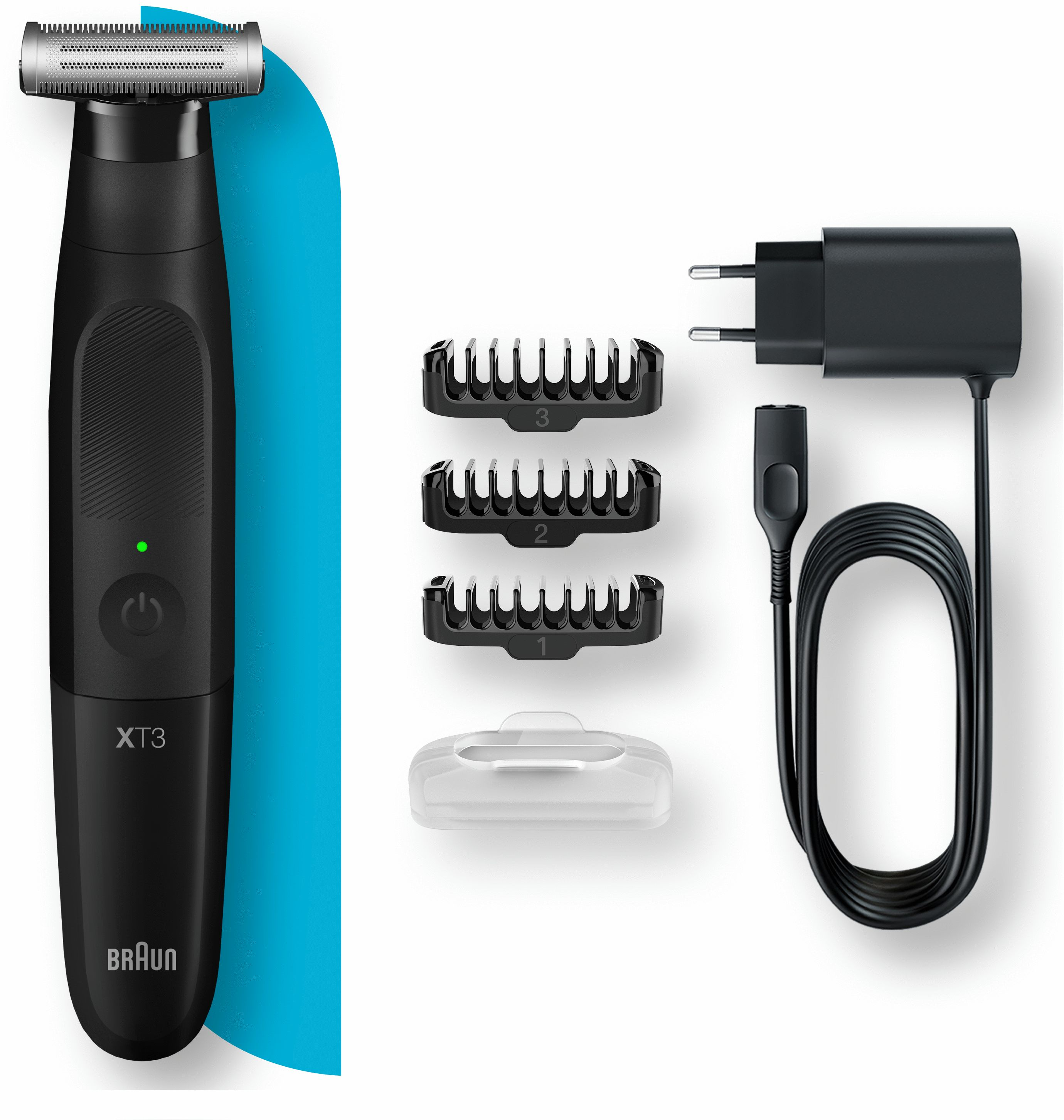 Une tondeuse Braun XT3 noire avec accessoires et chargeur.