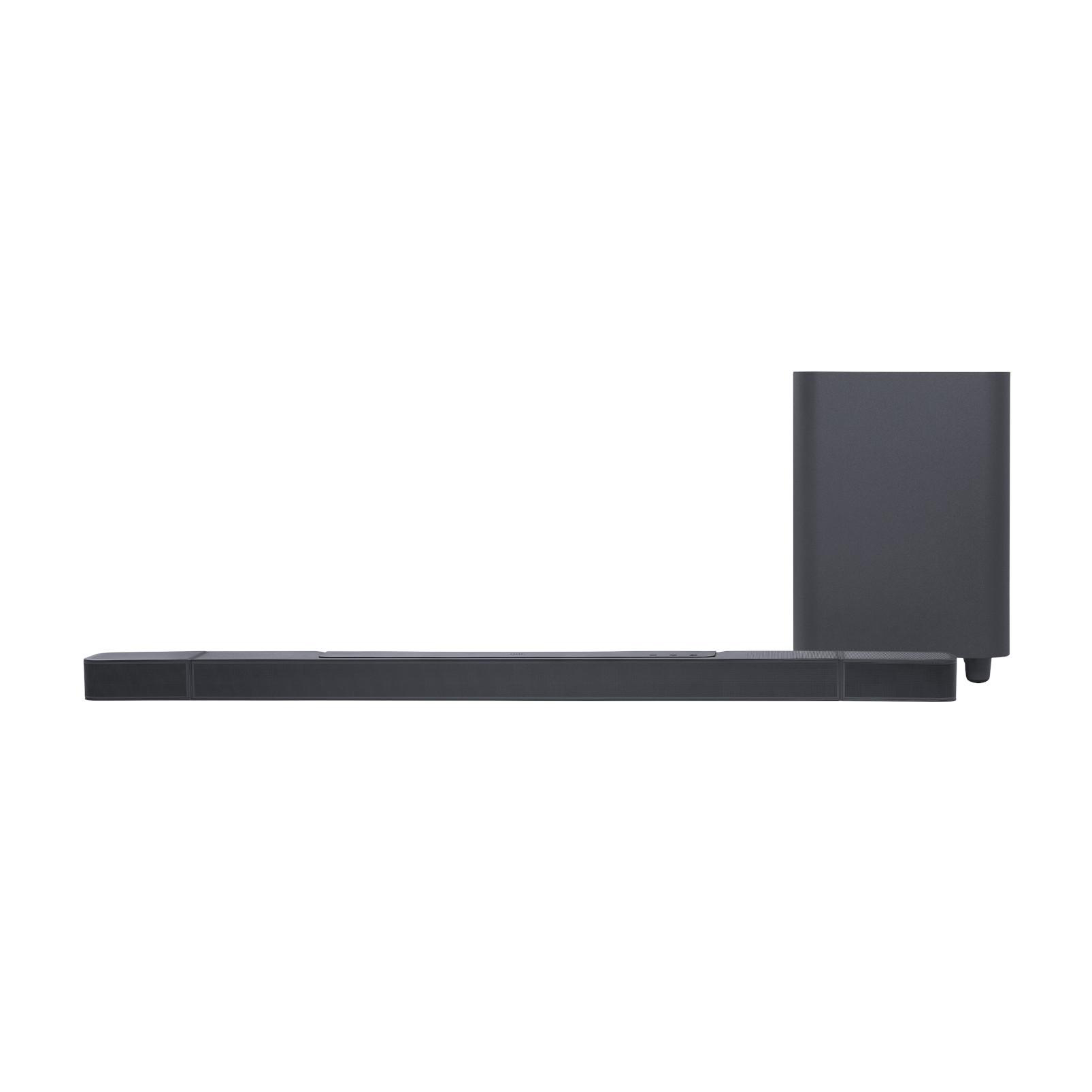 Soundbar und Subwoofer, beide dunkelgrau.