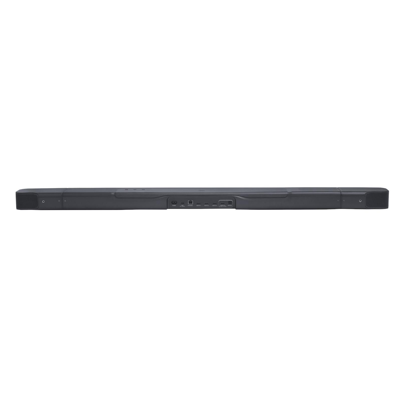 Eine lange graue Soundbar mit Anschlüssen und Knöpfen auf der Rückseite. Die Soundbar befindet sich auf weißem Hintergrund.