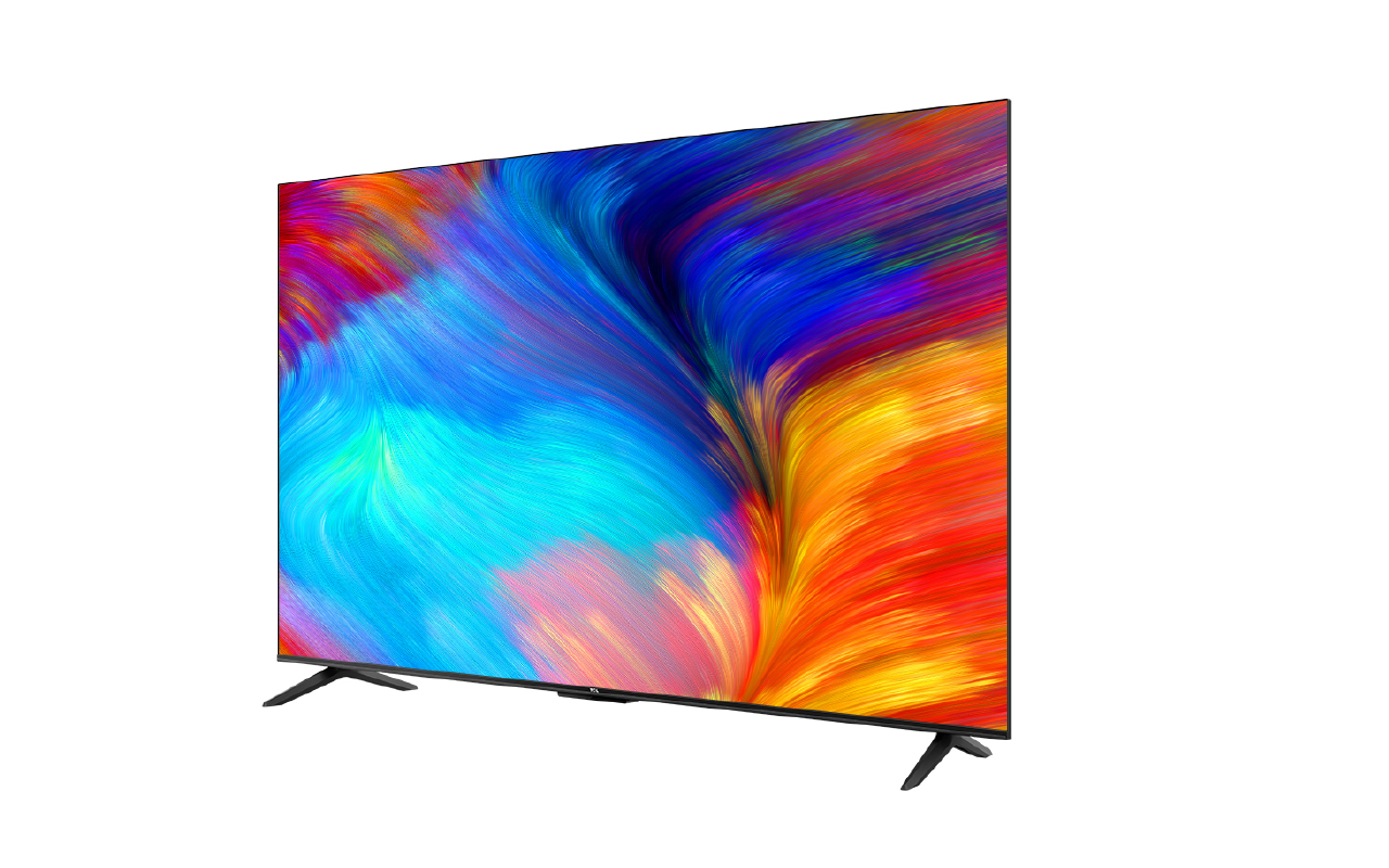 Renkli ekranlı, siyah standlı ve çerçeveli modern bir TV.
