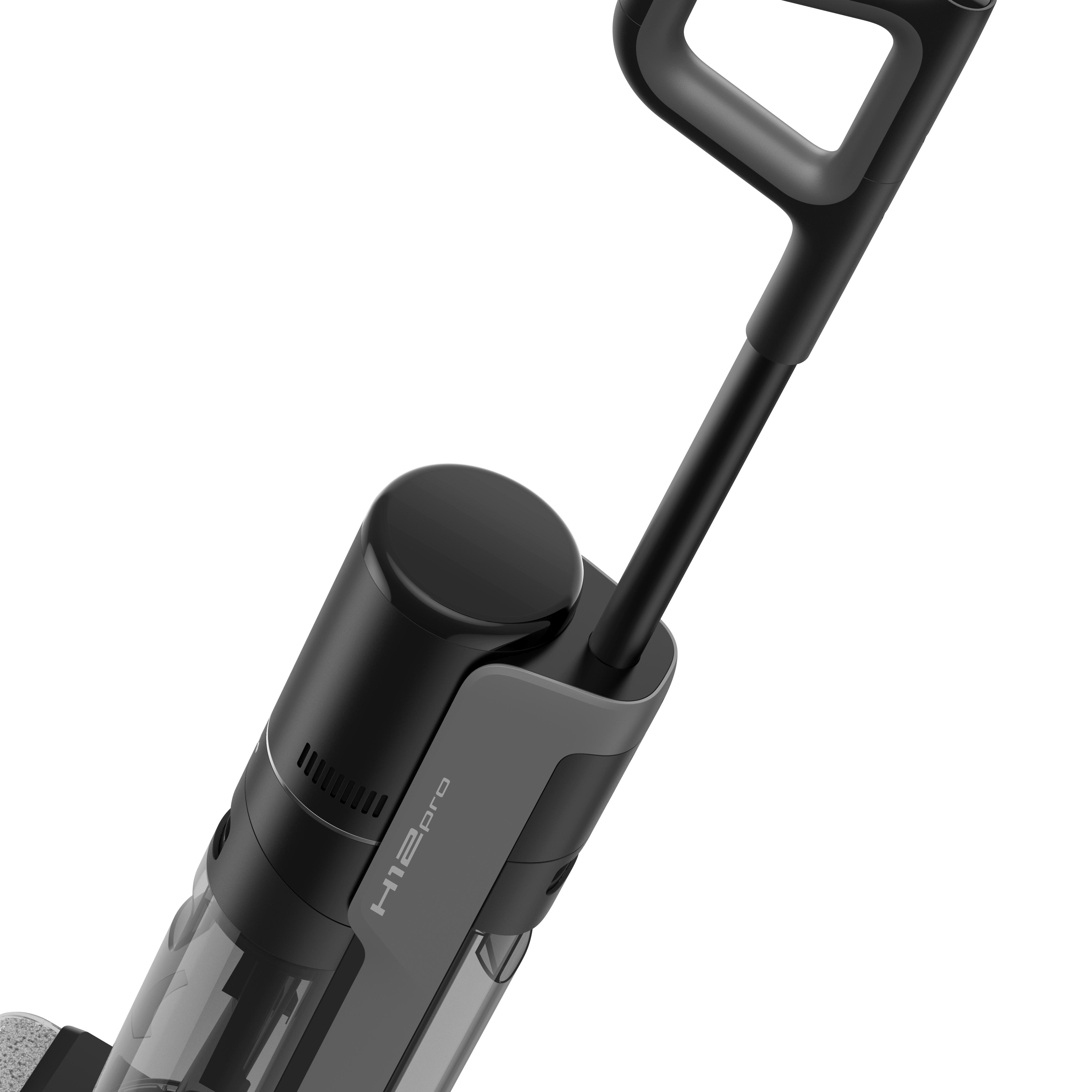 Nahaufnahme eines schwarz-grauen kabellosen Staubsaugers mit Griff. Die Vorderseite ist schwarz.