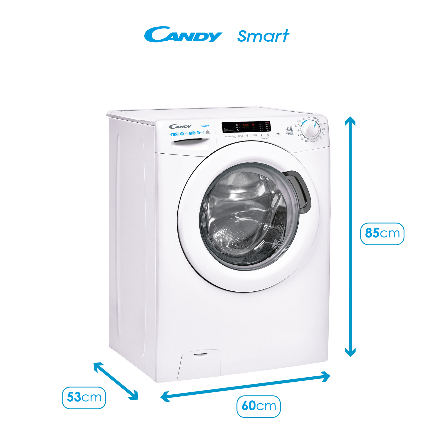 Lavadora blanca con flechas azules que muestran las dimensiones.