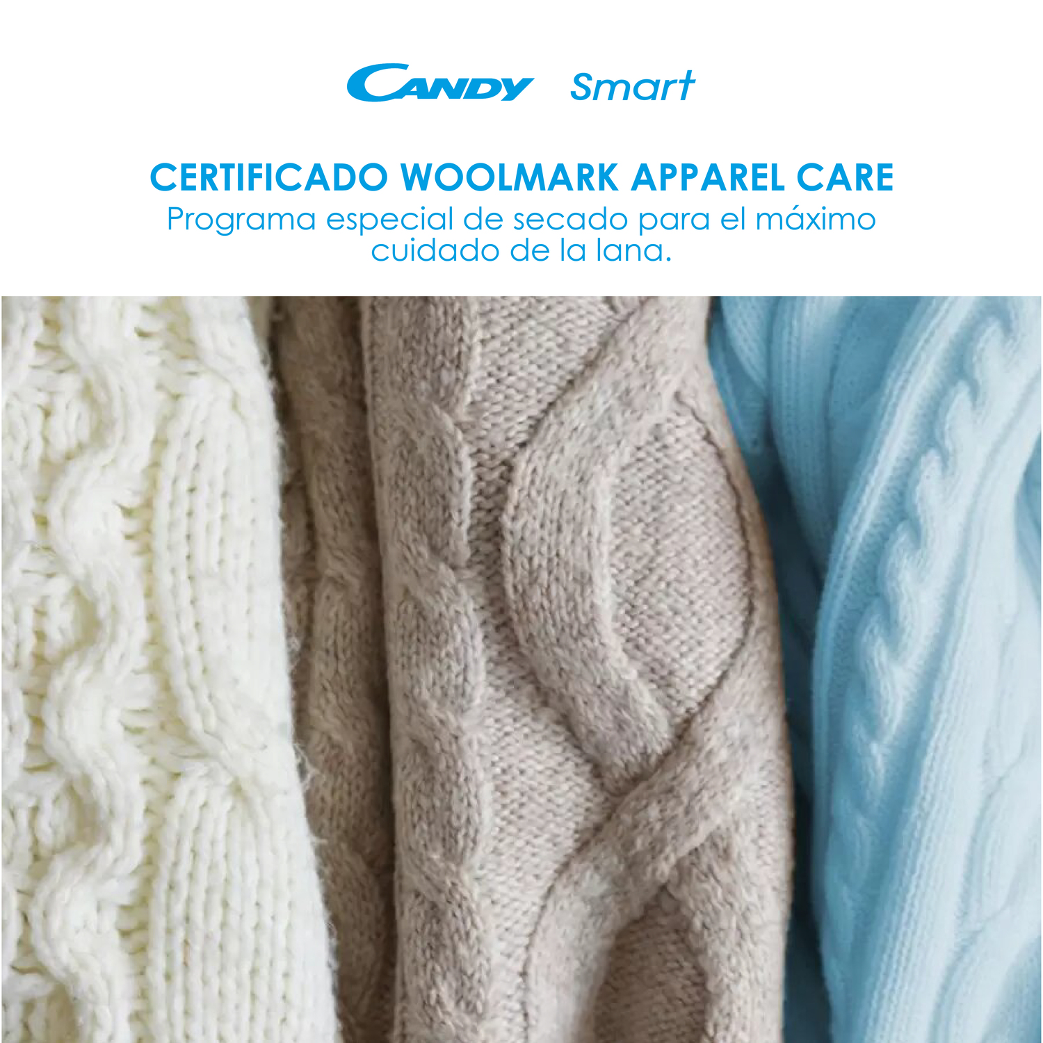 Tres suéteres de punto, blanco, beige y azul claro. Texto: 'Woolmark Apparel Care' para lana.