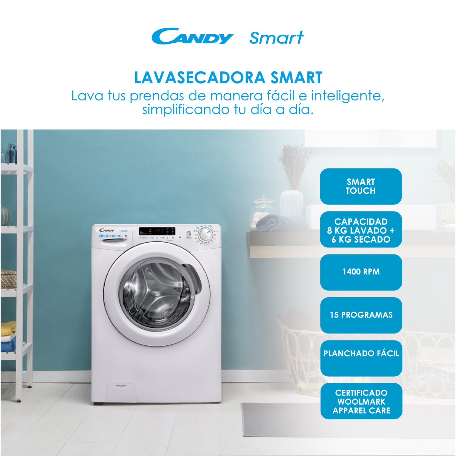 Una lavadora Candy Smart blanca con etiquetas y una cesta frente a una pared azul.