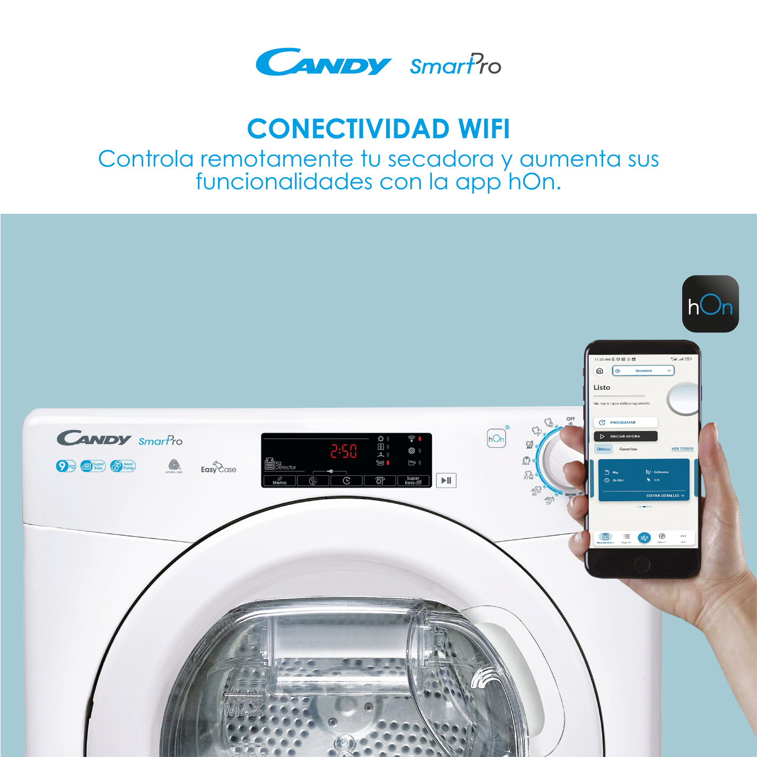 Lavadora con un smartphone que muestra el control de la app. El texto dice: Candy SmartPro, Conectividad Wifi.