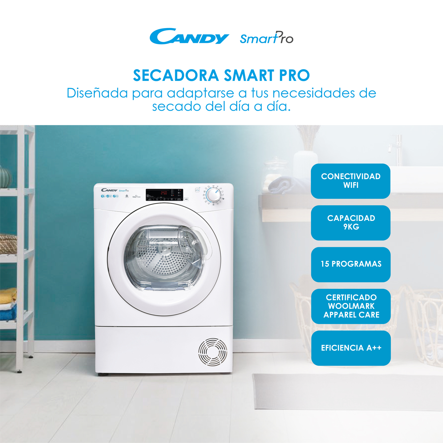 Una secadora inteligente blanca en una habitación. Características: Wi-Fi, 9KG capacidad, 15 programas.