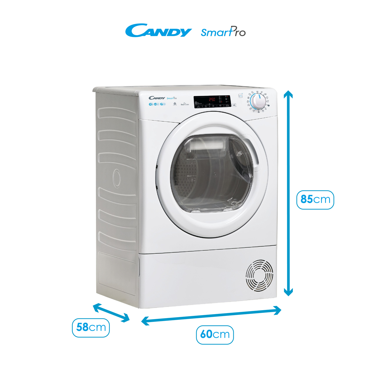 Secadora Candy SmartPro blanca. Dimensiones 58x60x85cm. Fondo blanco.