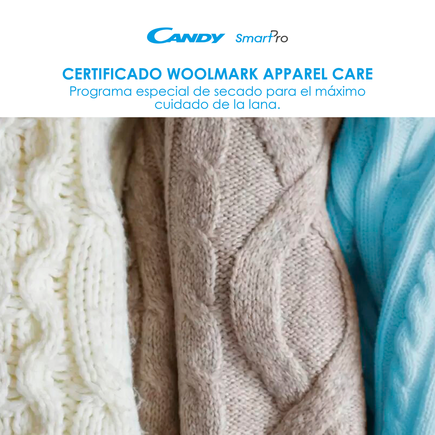 Primer plano de tres suéteres de punto, blanco, gris y azul claro. Texto: Woolmark Apparel Care.