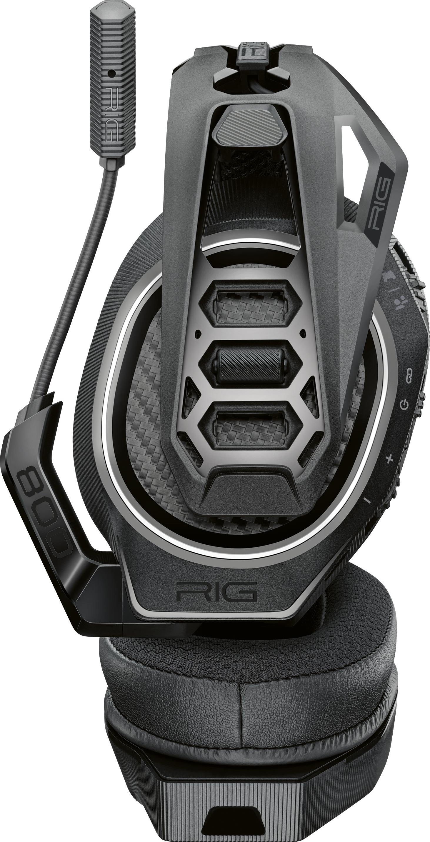 Schwarzes und graues Gaming-Headset mit Mikrofon, Nahaufnahme.