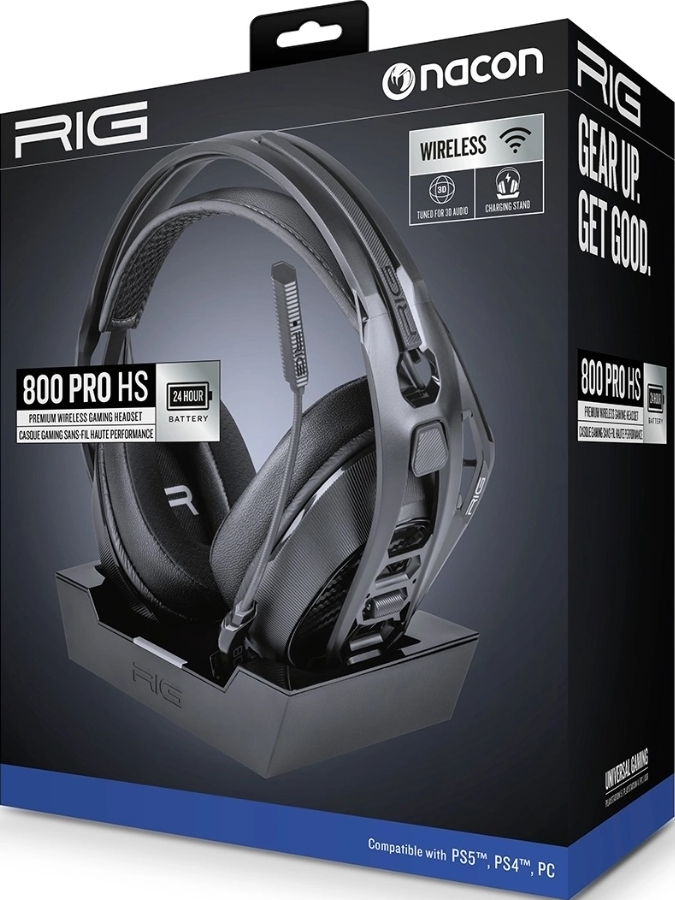 Schwarzes Gaming-Headset auf einem Ladeständer, in einer schwarz-blauen Box. Text und Logo sichtbar.