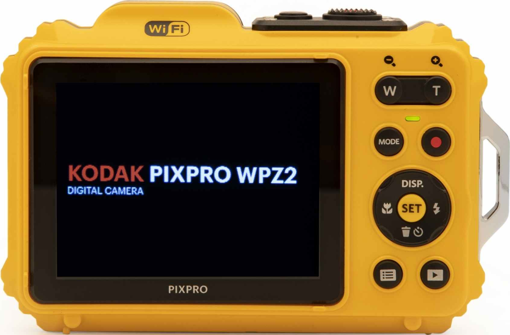 Gelbe Kodak Pixpro WPZ2 Digitalkamera. Display ist an. Knöpfe sichtbar.