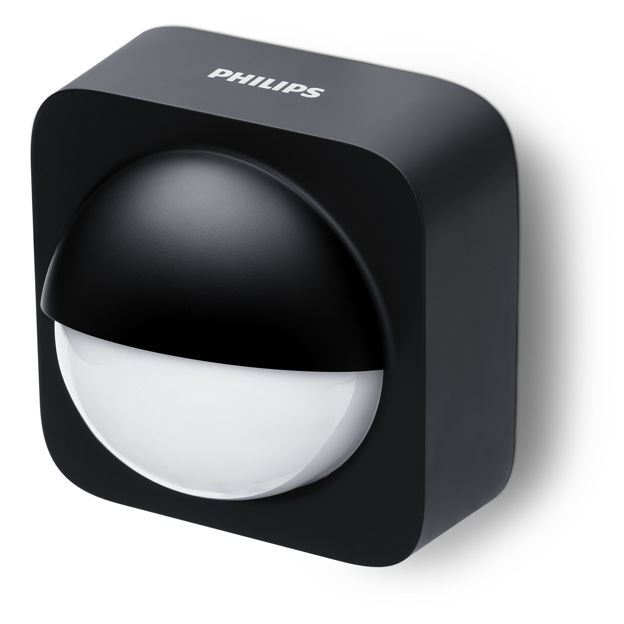 Luminaria exterior Philips negra. Tiene un área de luz redondeada.