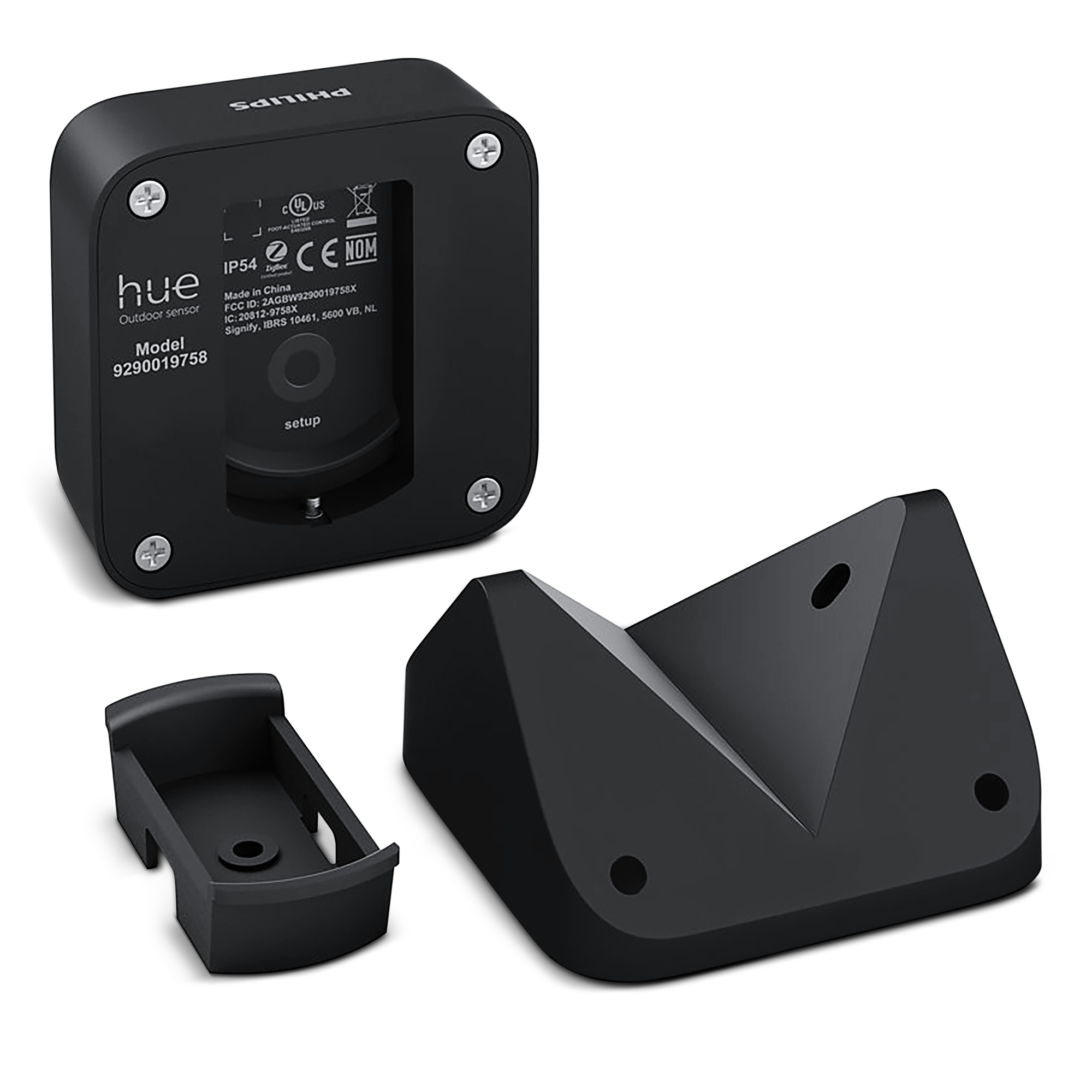 Sensor exterior negro con componentes de montaje sobre fondo blanco.