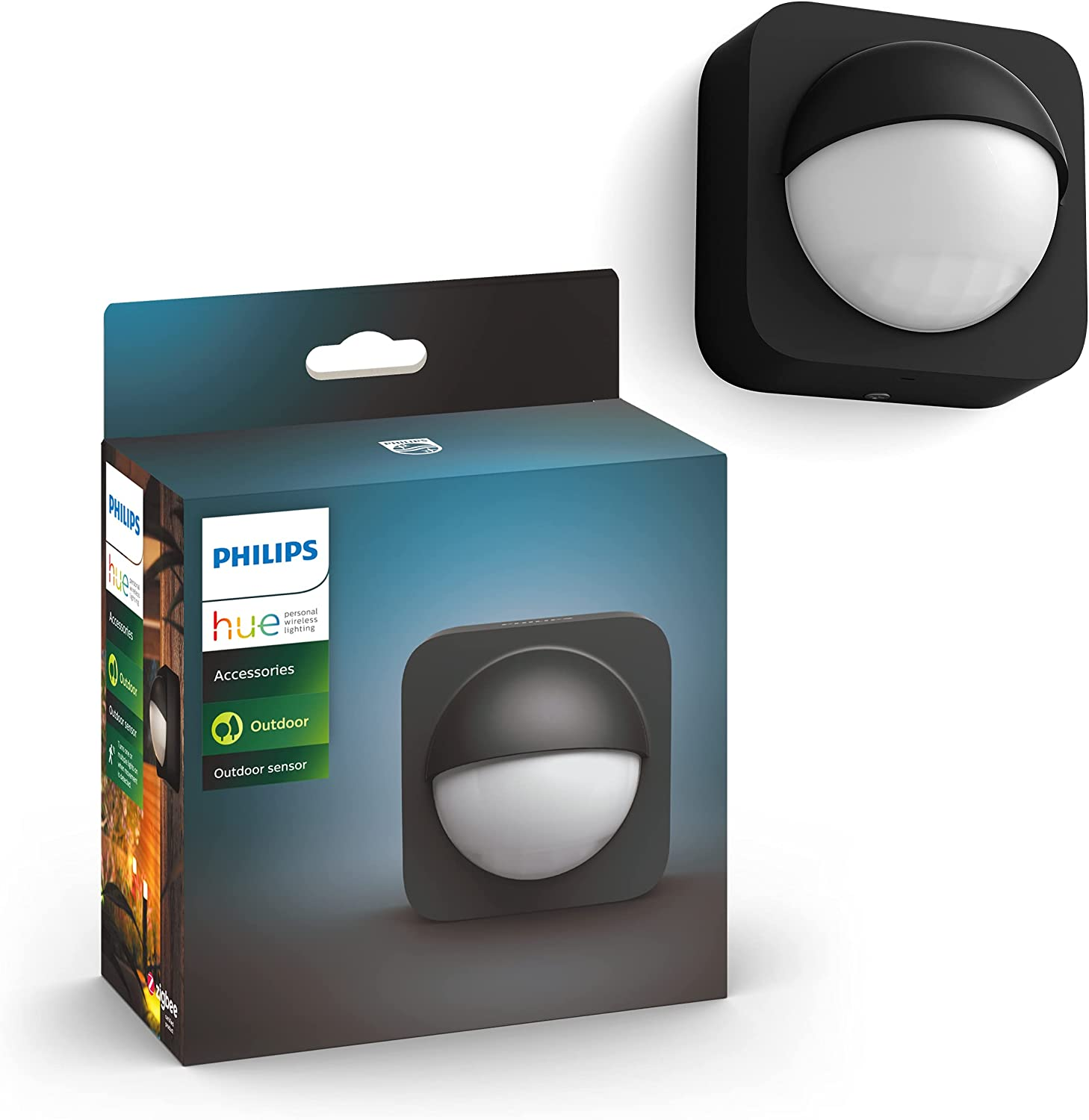 Una caja de sensor exterior Philips Hue negra y un sensor montado. La caja está a la izquierda.
