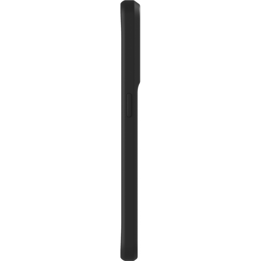 Un perfil lateral de teléfono negro contra un fondo negro.