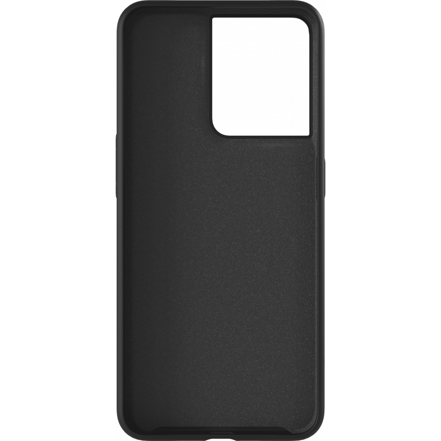 Funda negra para teléfono, rectangular con recorte para la cámara. La funda está sobre un fondo negro.