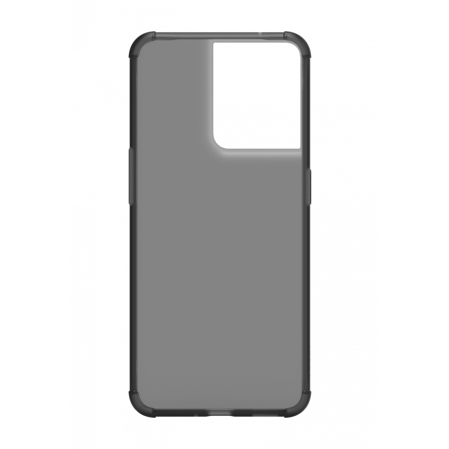 Funda de teléfono, gris, con un recorte para la cámara y un marco negro. La funda está vacía.