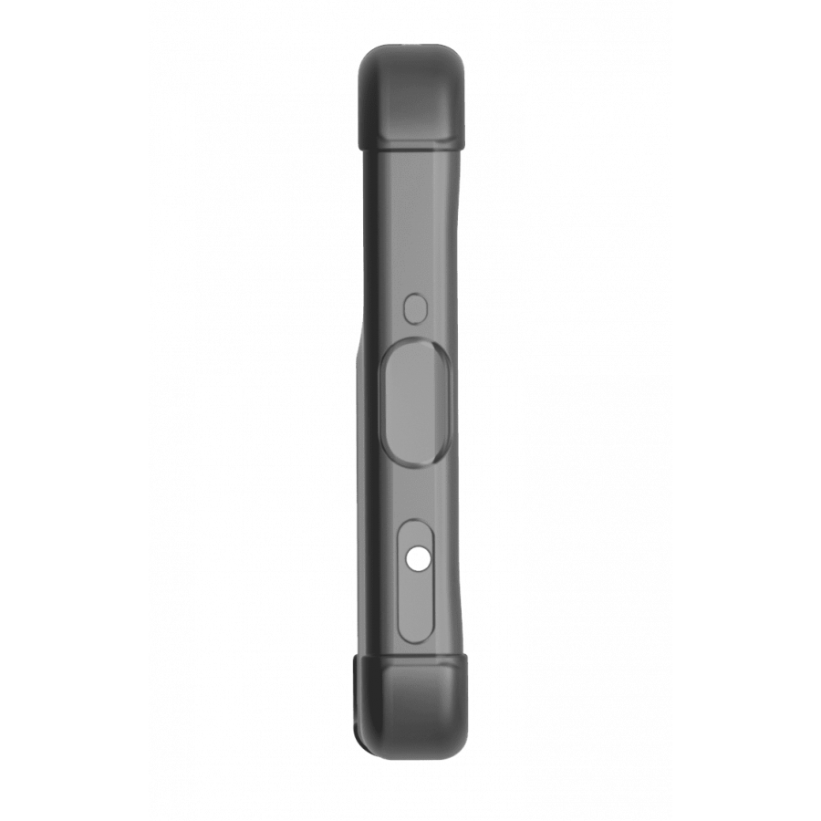 El lateral de una funda de teléfono, mostrando el botón de encendido, el control de volumen y un puerto, todo en gris.