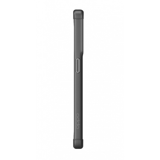 Una funda de teléfono gris oscuro con un botón de encendido y el logotipo de Oppo. El fondo es negro.