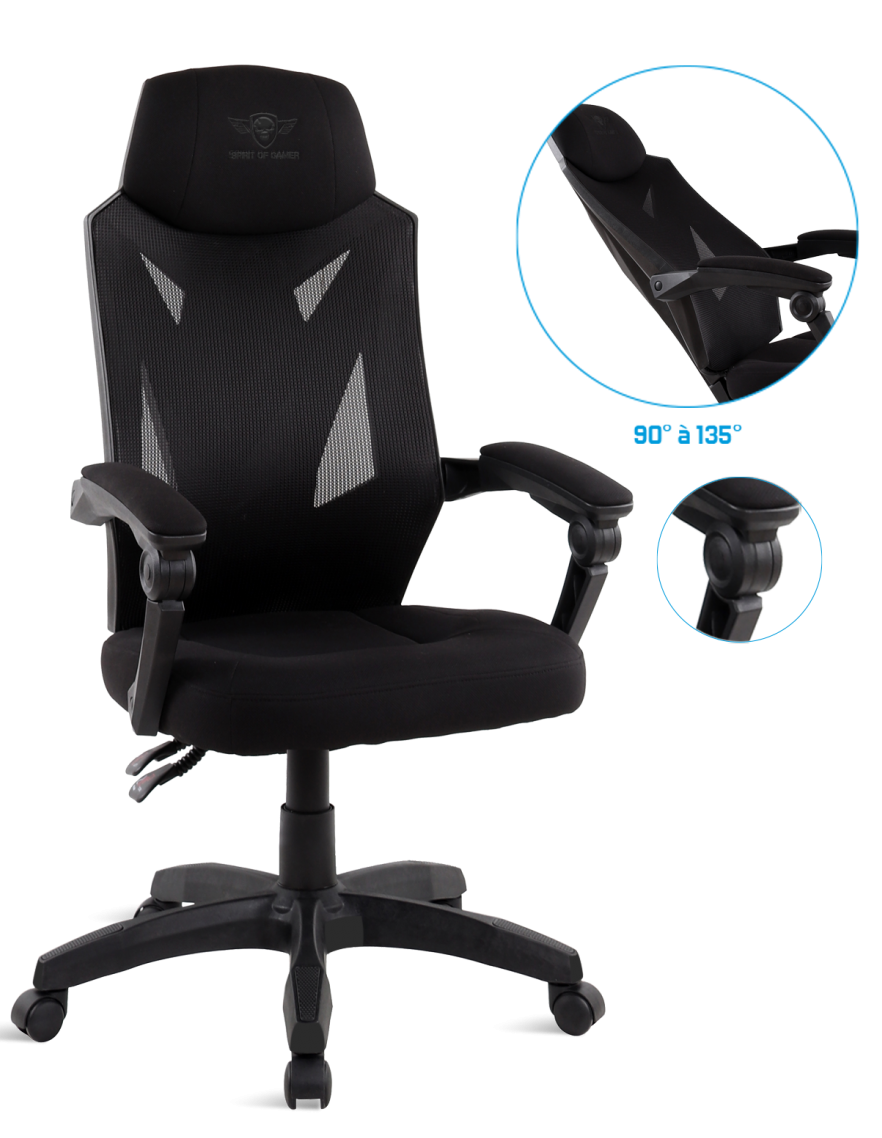 Egy fekete gamer szék. A háttámla hálós, a karfák állíthatók.