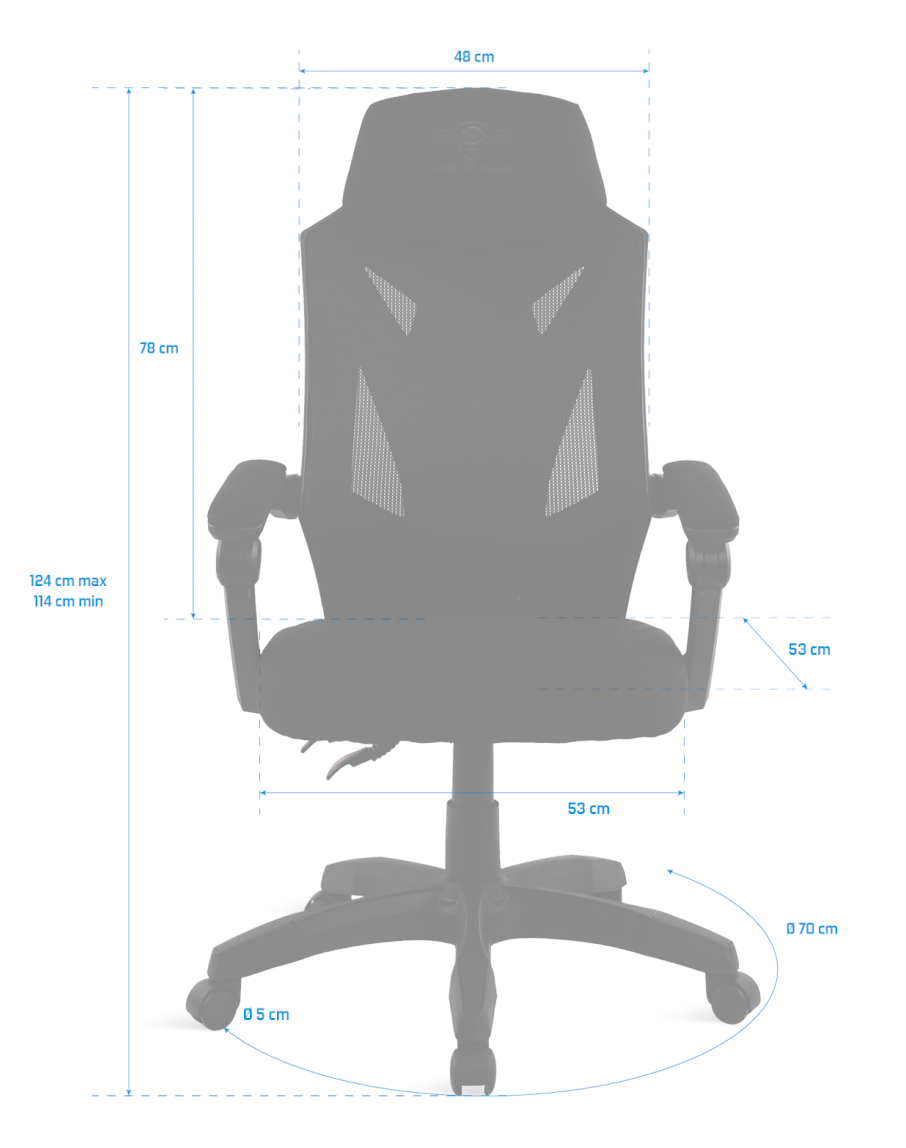 Fekete ergonomikus irodai szék méretekkel: max. 124 cm magas, 70 cm széles, 53 cm ülésmélység és 70 cm átmérőjű talp.