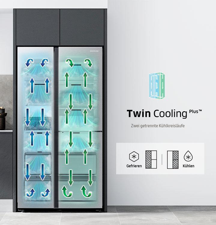 Ein Kühlschrank mit Twin Cooling Plus-Technologie, der die Luftstromrichtung und Kühlzonen zeigt.