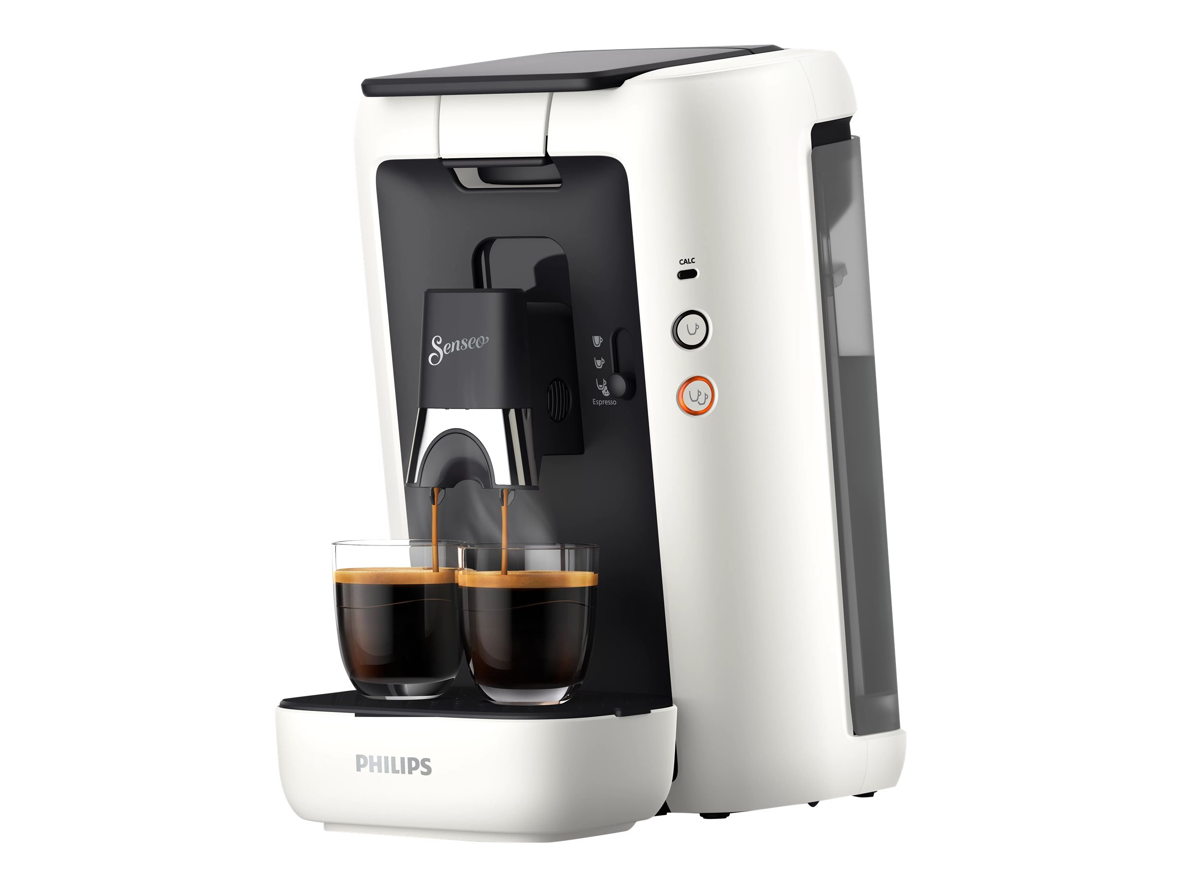 Eine schwarz-weiße Kaffeemaschine mit zwei Gläsern, die mit Kaffee gefüllt sind.