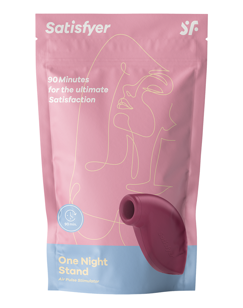 Paquete rosa con un juguete sexual rojo. El texto dice 'One Night Stand' y 'Satisfyer'.