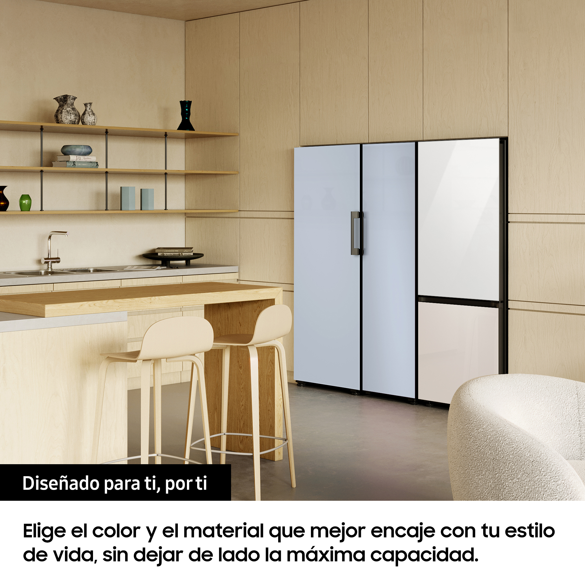 Frigorífico una puerta - Samsung BESPOKE personalizable RR25A5470AP/EF, No Frost, 185.3cm, 242l, SpaceMax™, Metal Cooling, Satin Skyblue