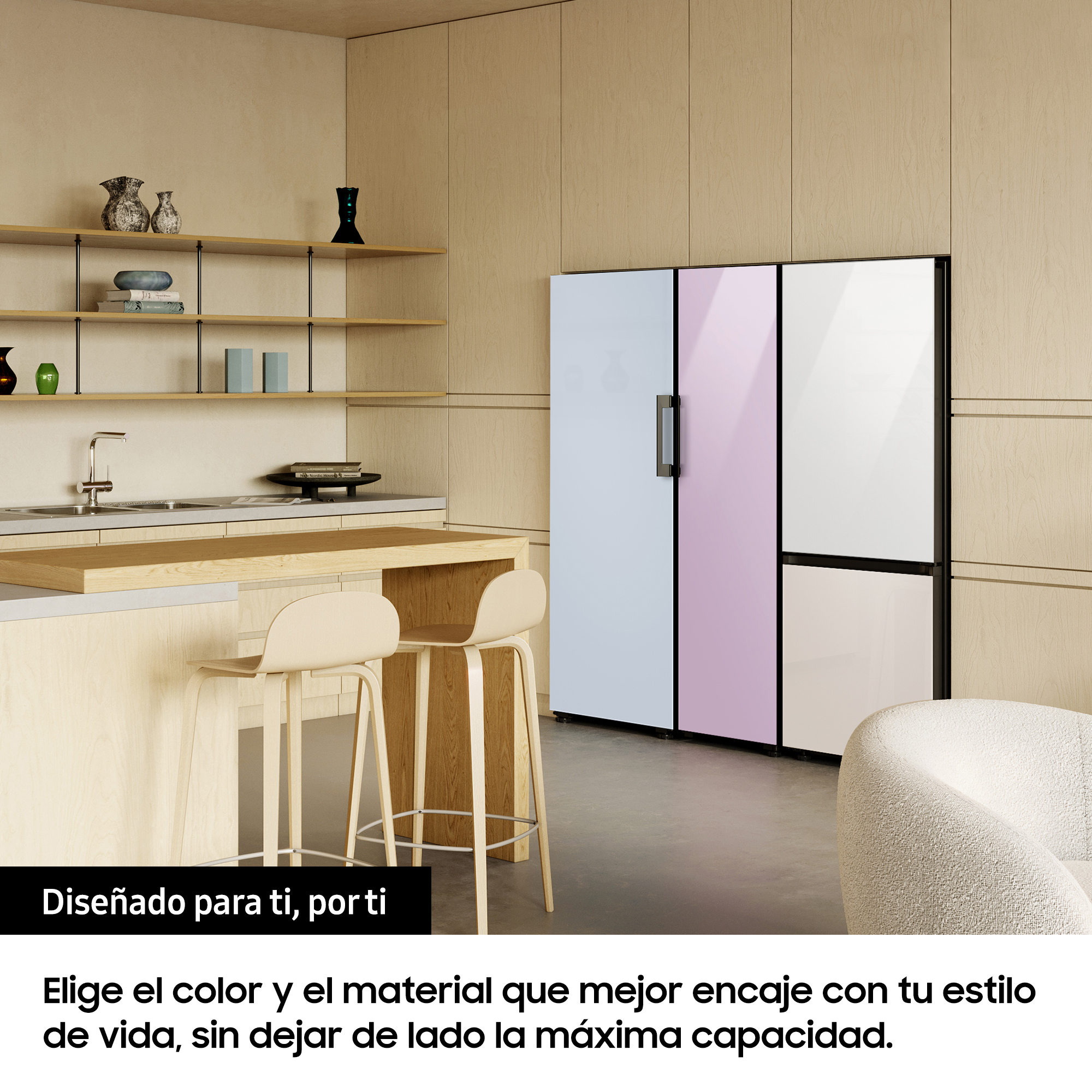 Frigorífico una puerta - Samsung BESPOKE personalizale RR25A5470AP/EF, No Frost, 185.3cm, 242l, SpaceMax™, Metal Cooling, Glam Lavender
