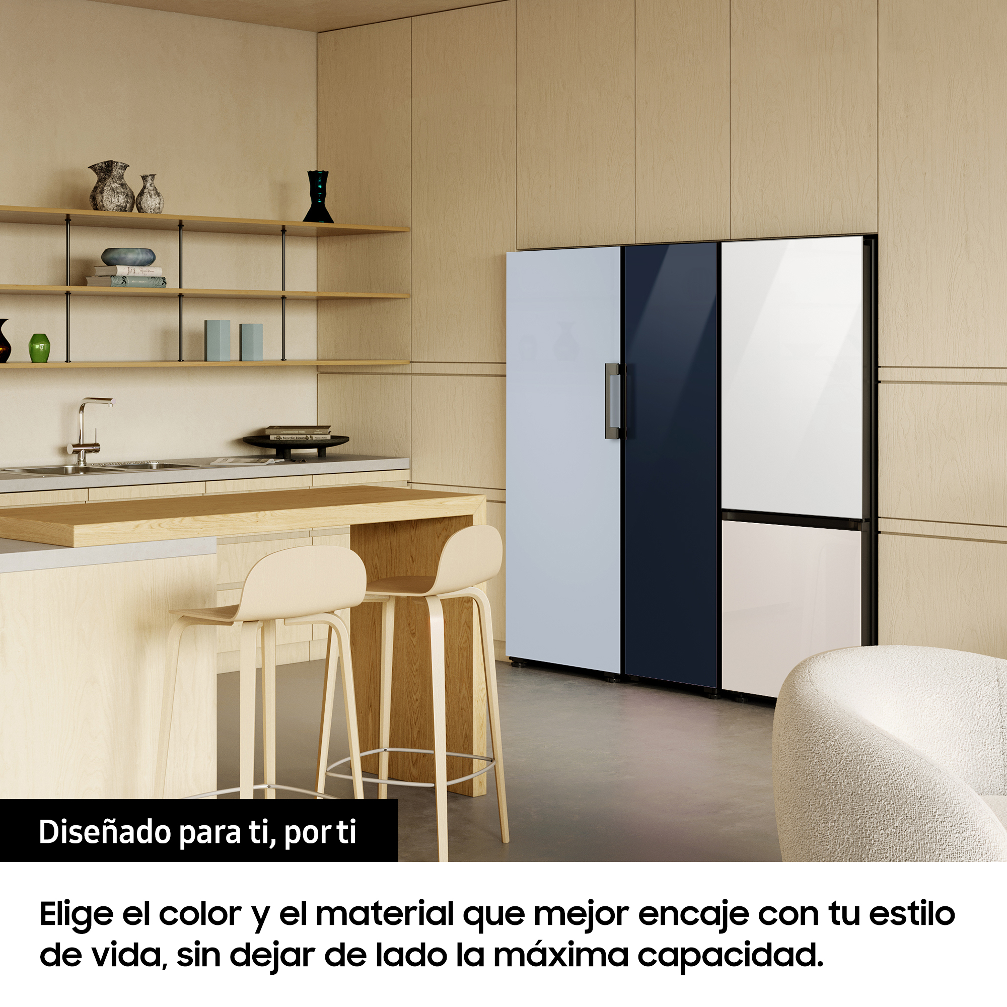 Frigorífico una puerta - Samsung BESPOKE personalizable RR25A5470AP/EF, No Frost, 185.3cm, 242l, SpaceMax™, Metal Cooling, Glam Navy