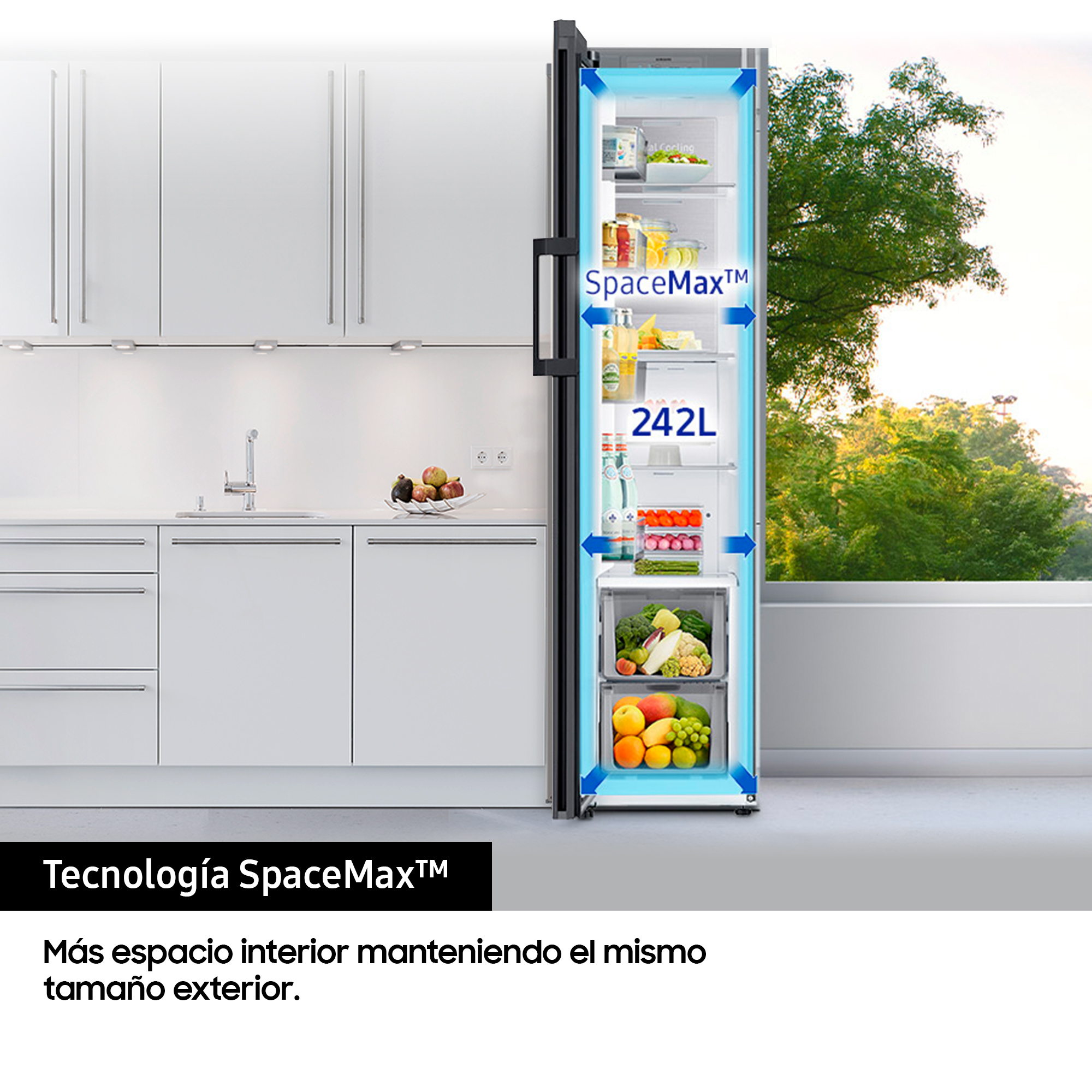 Frigorífico una puerta - Samsung BESPOKE personalizable RR25A5470AP/EF, No Frost, 185.3cm, 242l, SpaceMax™, Metal Cooling, Glam Navy