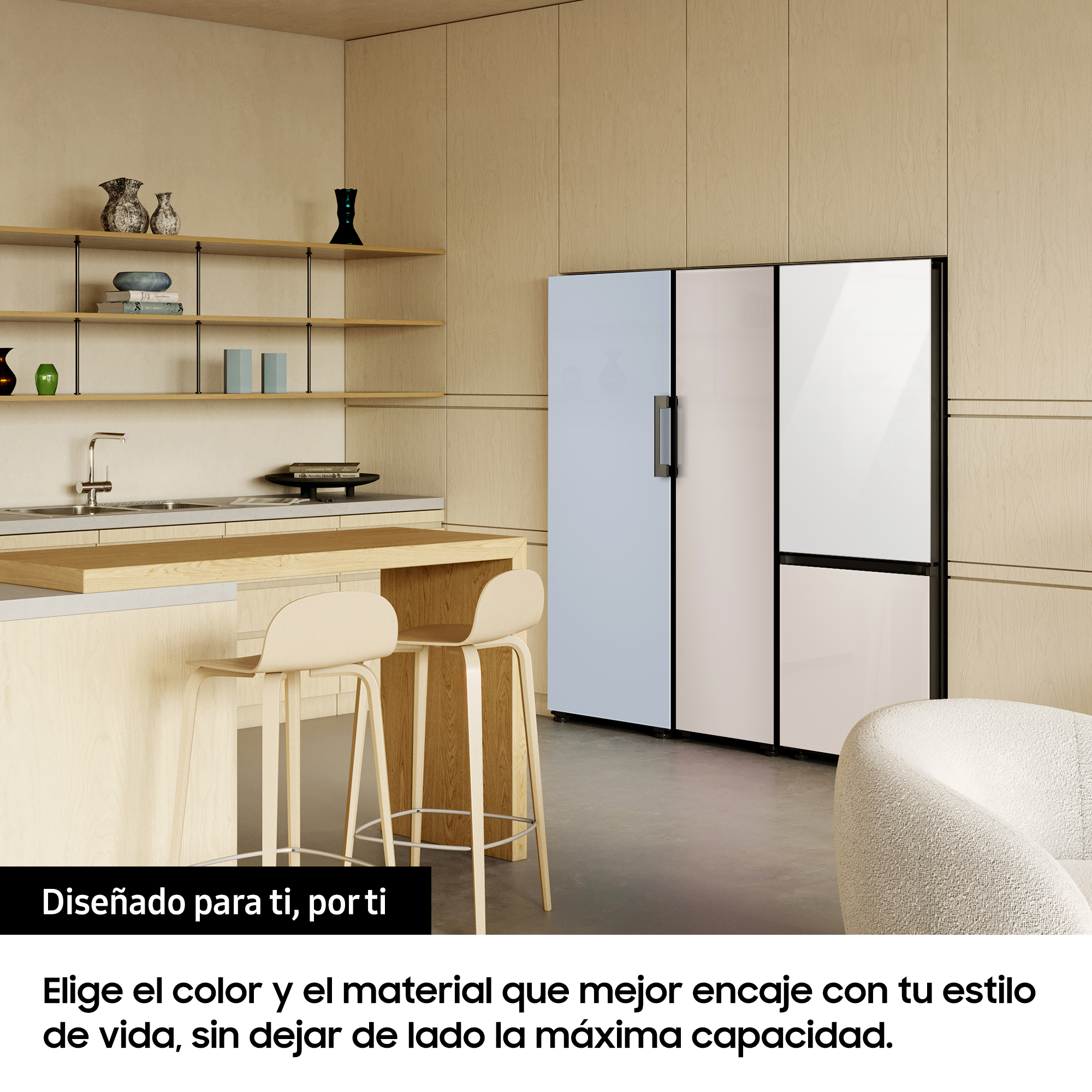 Frigorífico una puerta - Samsung BESPOKE personalizable RR25A5470AP/EF, No Frost, 185.3cm, 242l, SpaceMax™, Metal Cooling,  Satin Beige