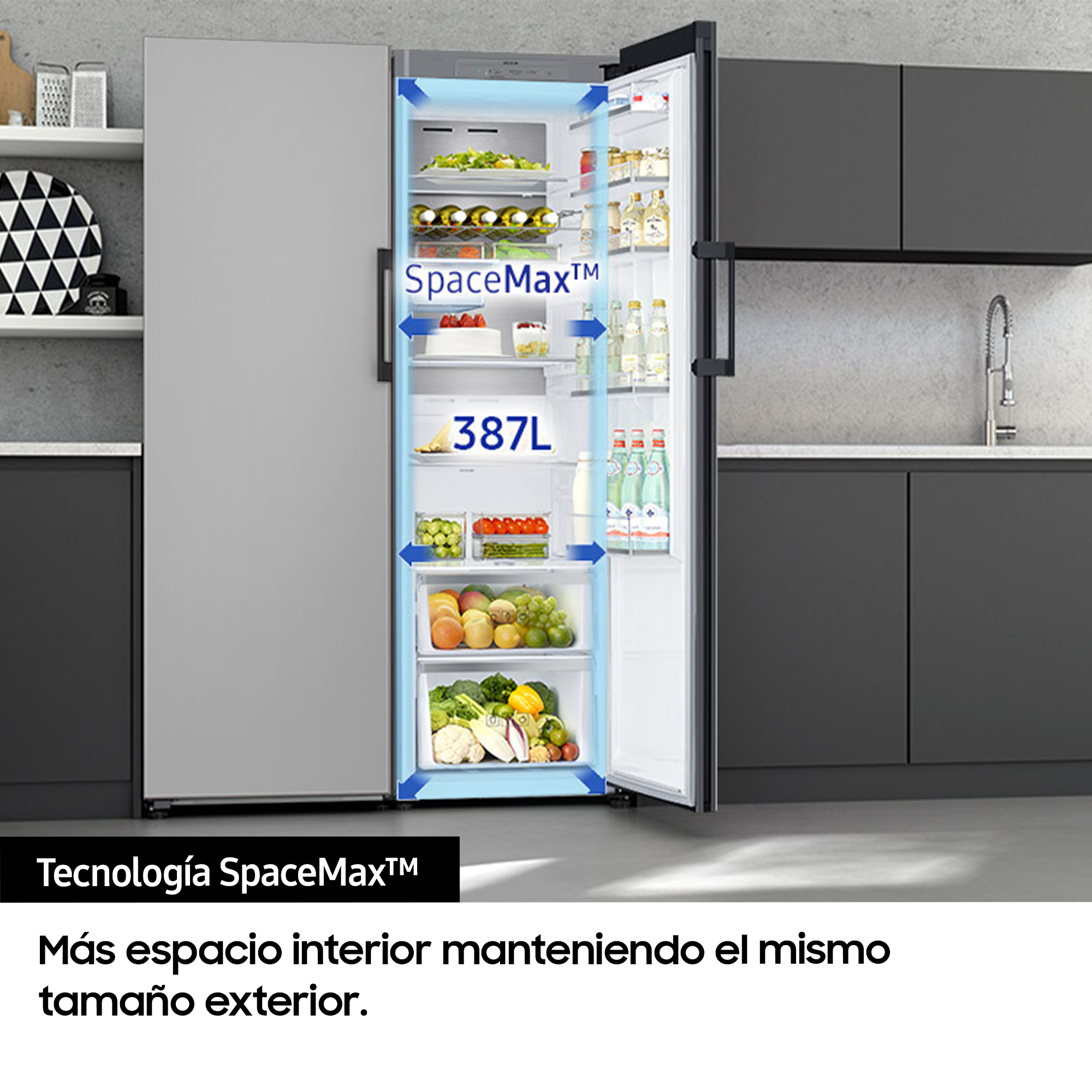Frigorífico una puerta - Samsung BESPOKE personalizable RR39A7463AP/EF, No Frost, 185.3cm, 387l, SpaceMax™, Metal Cooling, Satin Skyblue